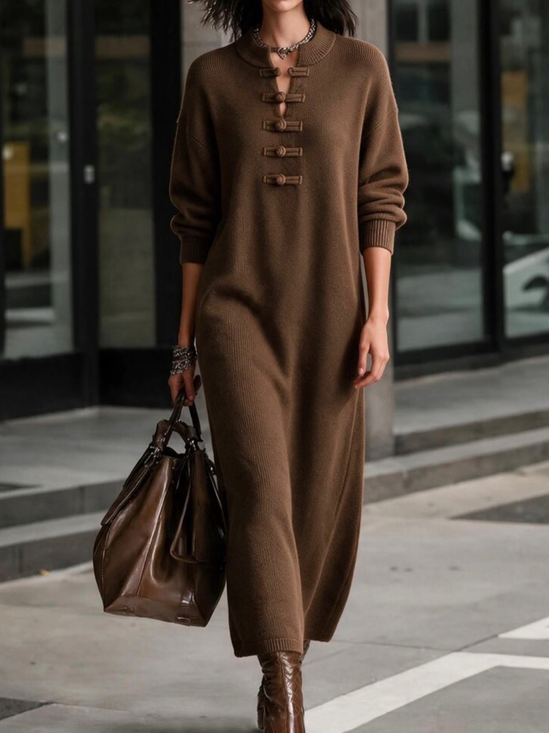 High Elasticity Casual Plain Crew Neck Maxi Sweater Dress