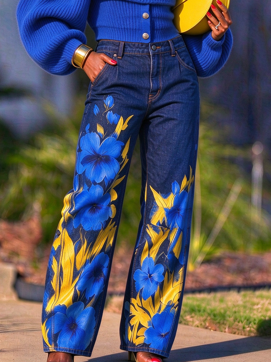 Casual Floral Denim Jeans