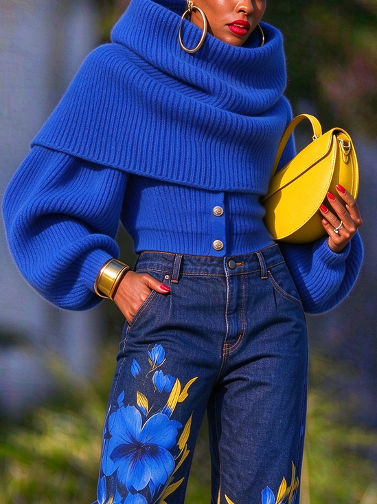 Casual Balloon Sleeve Plain Shirt Collar Two-Piece Set With Scarf