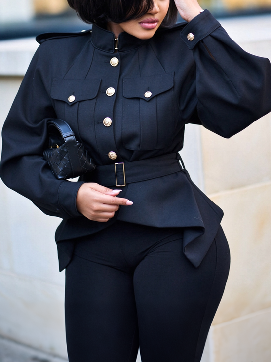 Urban Buttoned Plain Stand Collar Jacket With Belt