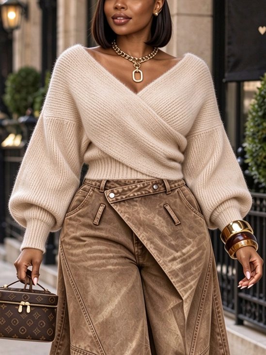 Casual Plain V Neck Balloon Sleeve Sweater