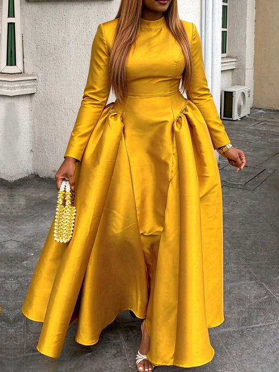 Elegant Plain Ruched Stand Collar Maxi Dress