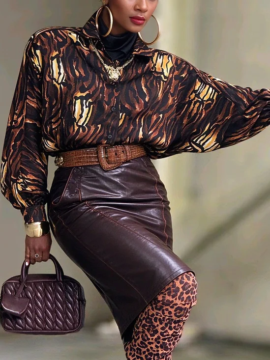 Urban Animal Print Printing Shirt Collar Shirt