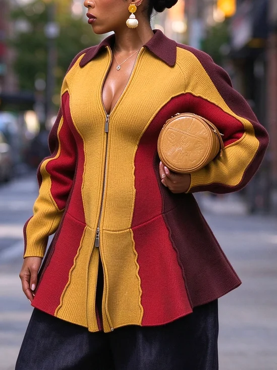 Casual Color Block Zipper Shawl Collar Sweater Cardigan