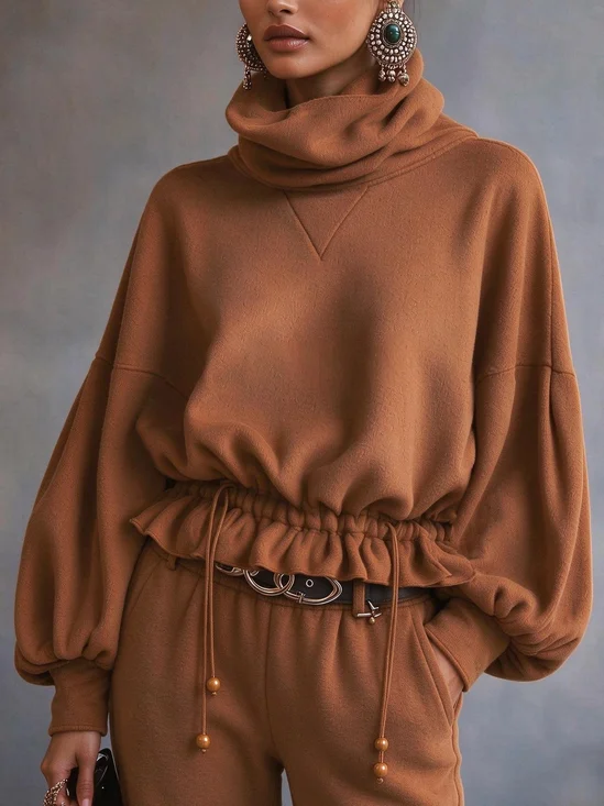 Casual Plain Drawstring Turtleneck Sweatshirt