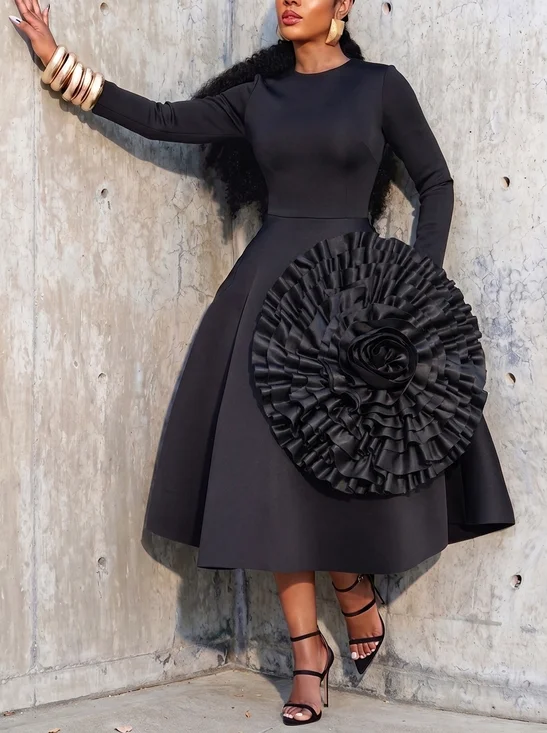 Elegant Plain 3D Floral  Midi Dress