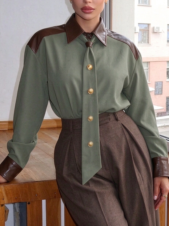 PU Urban Color Block Split Joint Shirt Collar Shirt
