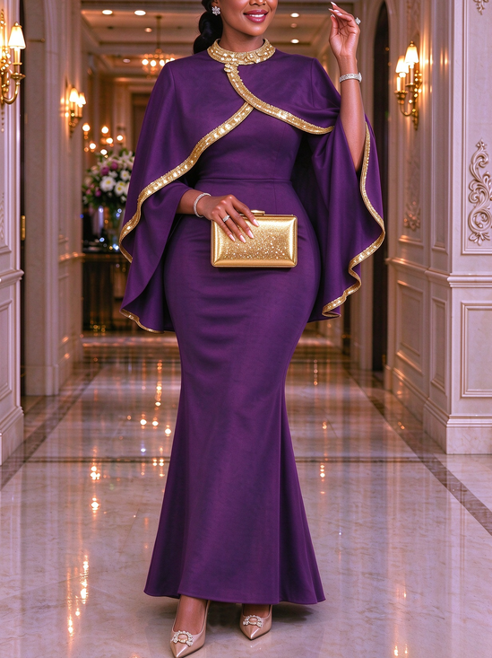 Elegant Color Block Glitter Mock Neck Maxi Dress