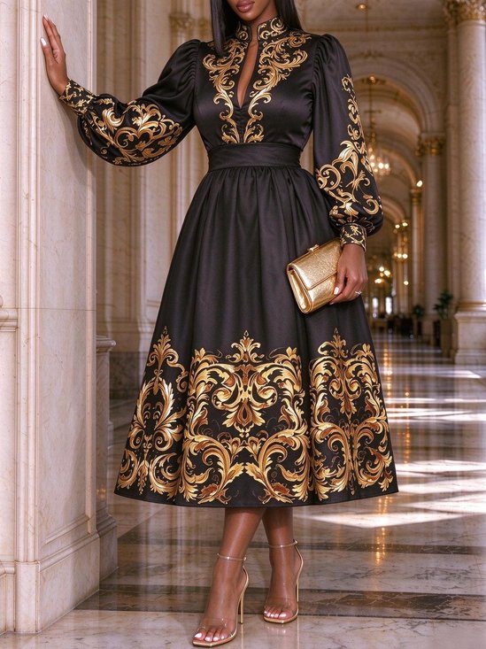 Elegant Paisley Printing Stand Collar Maxi Dress