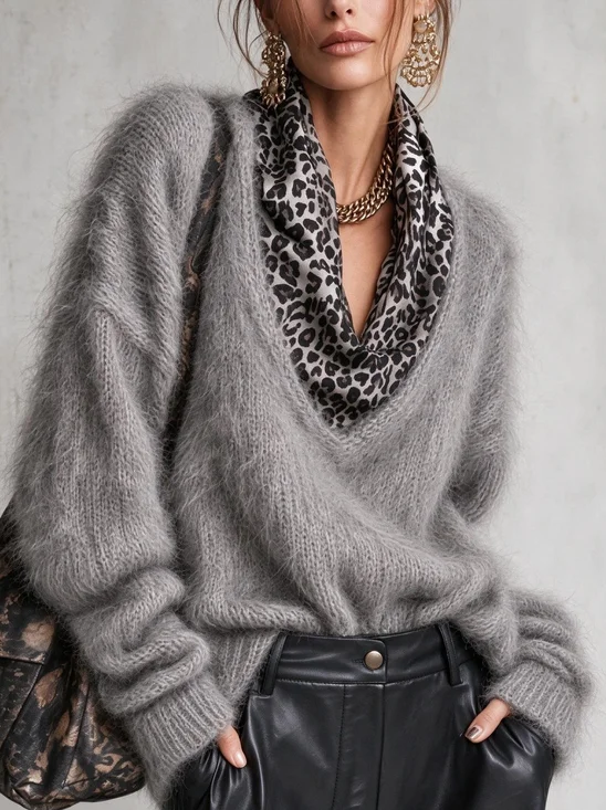Casual Leopard Printing Cowl Neck Sweater