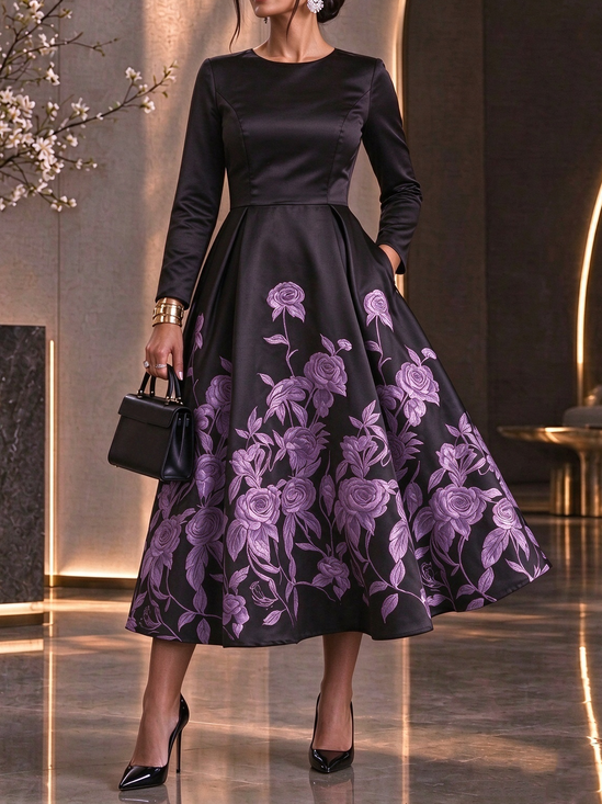 Elegant Floral Printing Crew Neck Maxi Dress