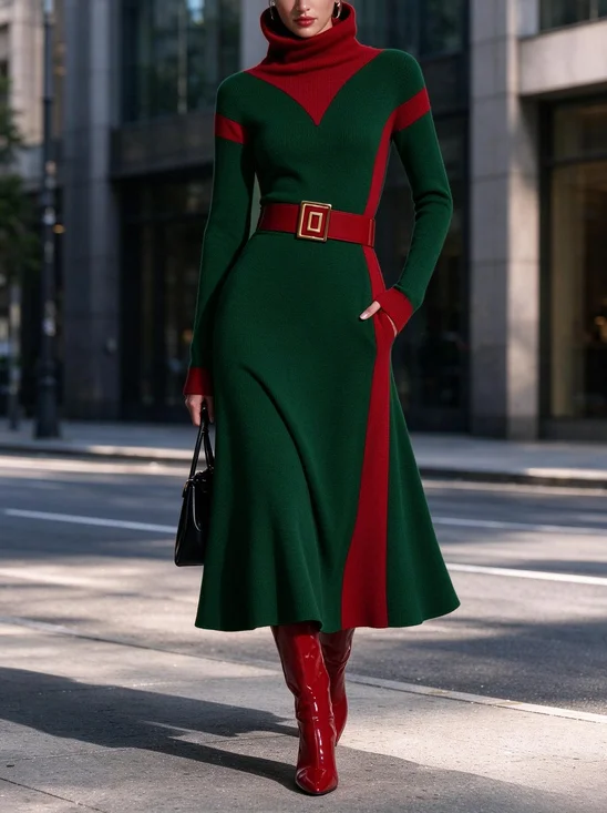 Elegant Color Block Turtleneck Sweater Midi Dress No Belt