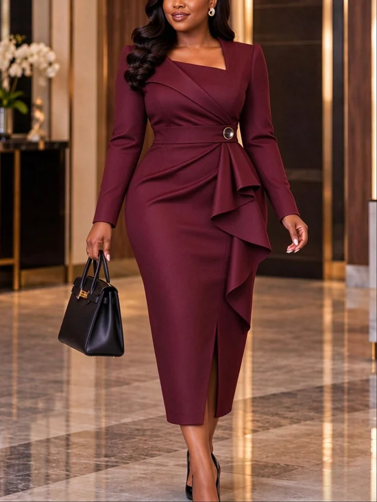 Urban Plain Slit Asymmetrical Midi Dress