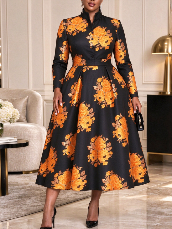 Elegant Floral Printing Stand Collar Maxi Dress