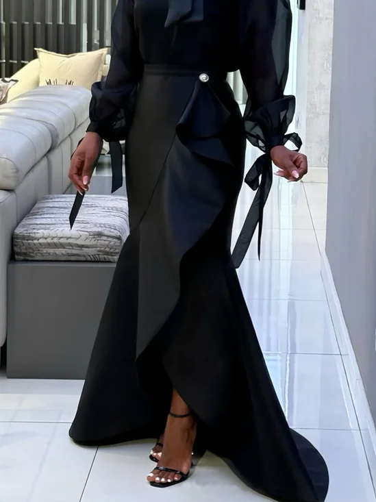 Regular Fit Elegant Asymmetric Plain Maxi Skirt