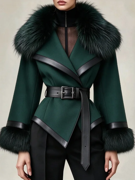 Urban Split Joint Color Block Shawl Collar Jacket With Belt No Inner Wear