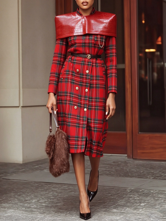 Urban Plaid Mock Neck Midi Dress With  No Belt