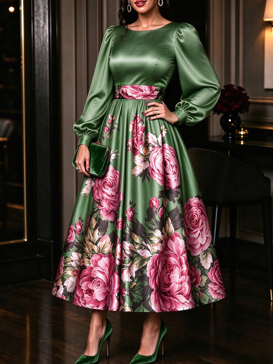 Elegant Floral Printing Crew Neck Maxi Dress