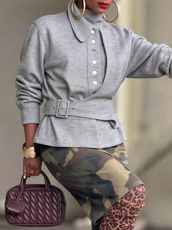 Casual Metal Plain Shirt Collar Jacket