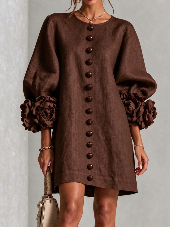 Cotton Urban Plain 3D Floral Crew Neck Mini Dress