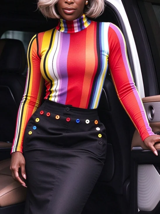 Urban Striped Printing Turtleneck T-shirt