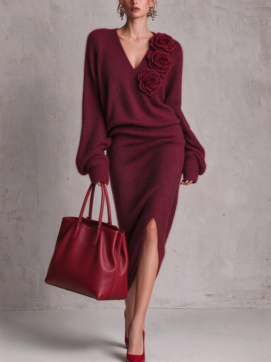 Elegant Plain 3D Florals V Neck Sweater Midi Dress