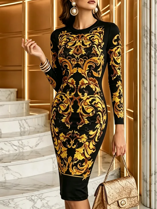 Elegant Paisley Printing Crew Neck Knee Length Dress