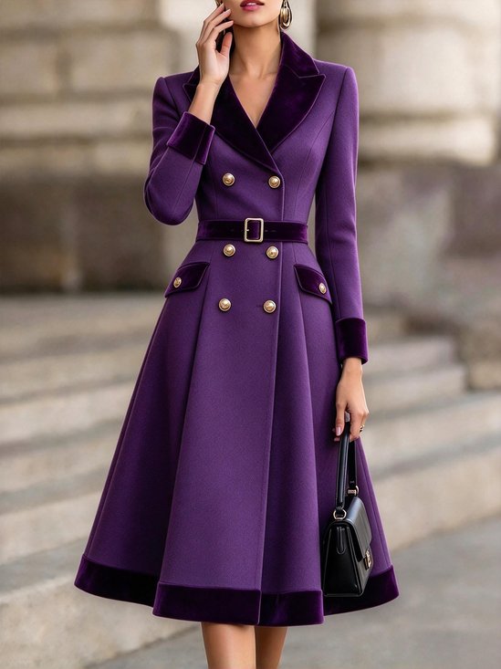 Elegant Color Block Split Joint Lapel Collar Midi Dress With Belt