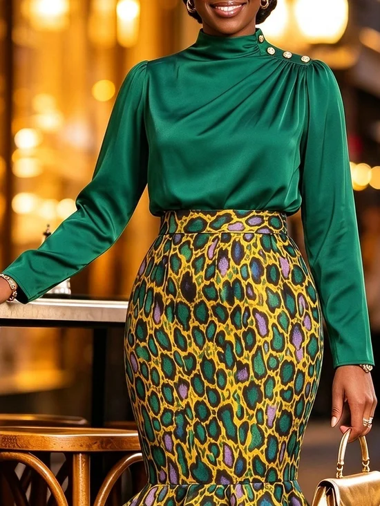 Satin Elegant Plain Gathered Mock Neck Blouse