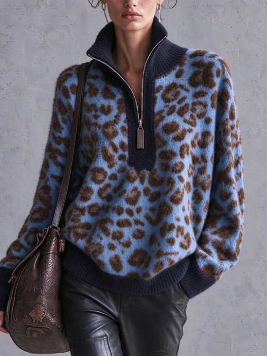 Casual Leopard Zipper Mock Neck Sweater