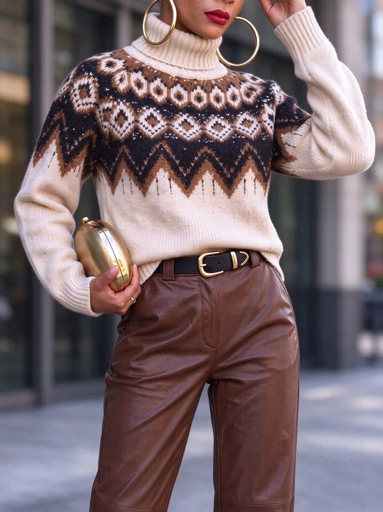 Wool/Knitting Casual Ethnic Turtleneck Sweater