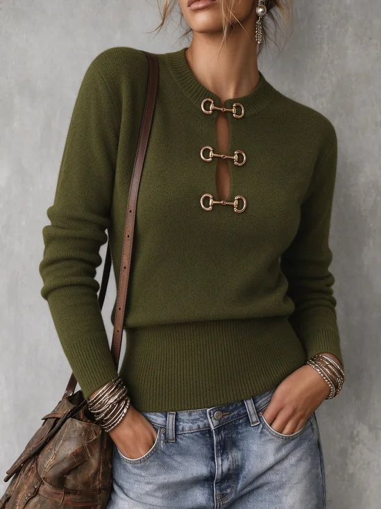 High Elasticity Casual Plain Button Detail Crew Neck Sweater