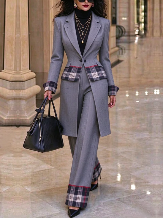 Urban Plaid Lapel Collar Mid-long Blazer