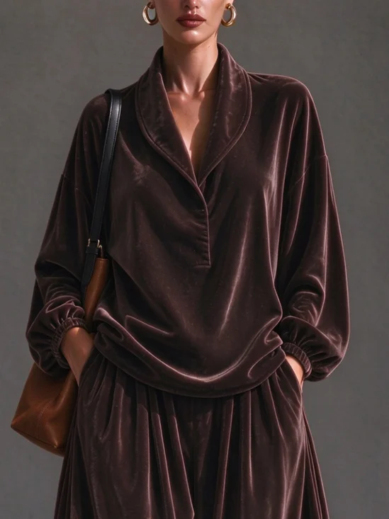 Velvet Casual Plain Shawl Collar Blouse