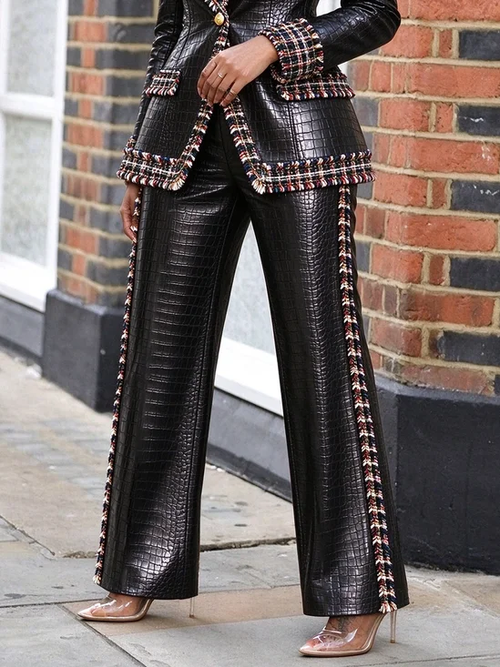 Urban Color Block Split Joint Straight Pants Faux Leather Pant