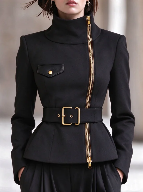 Urban Zipper Plain Stand Collar Jacket With Belt