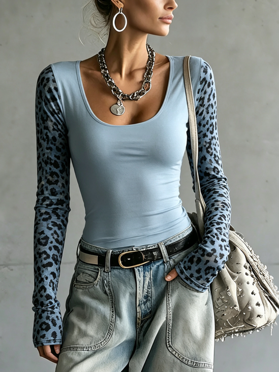 Plus Size  Crew Neck Split Joint Cotton T-Shirt
