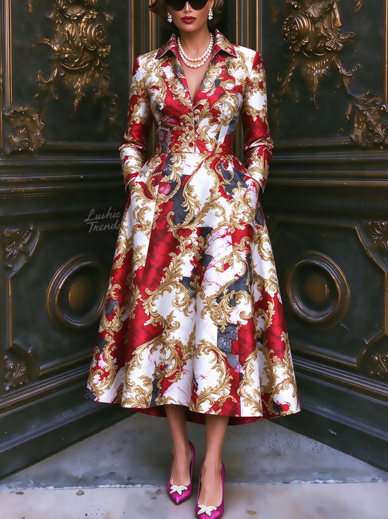 Elegant 3D Printing Printing Shirt Collar Maxi Dress