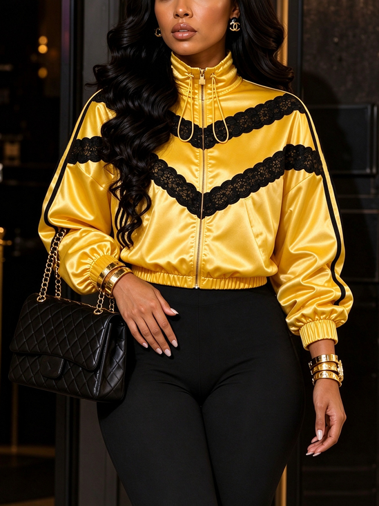 Casual Color Block Mock Neck Jacket