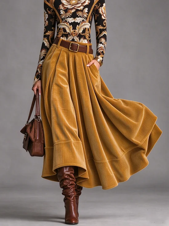 Loose Casual Plain Maxi Skirt No Belt