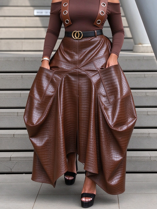 PU Casual Plain Maxi Faux Leather Skirt No Belt