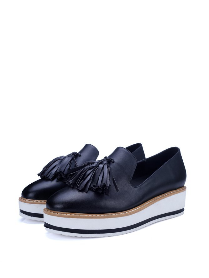 Black Tassel Platform Leather Casual Loafers