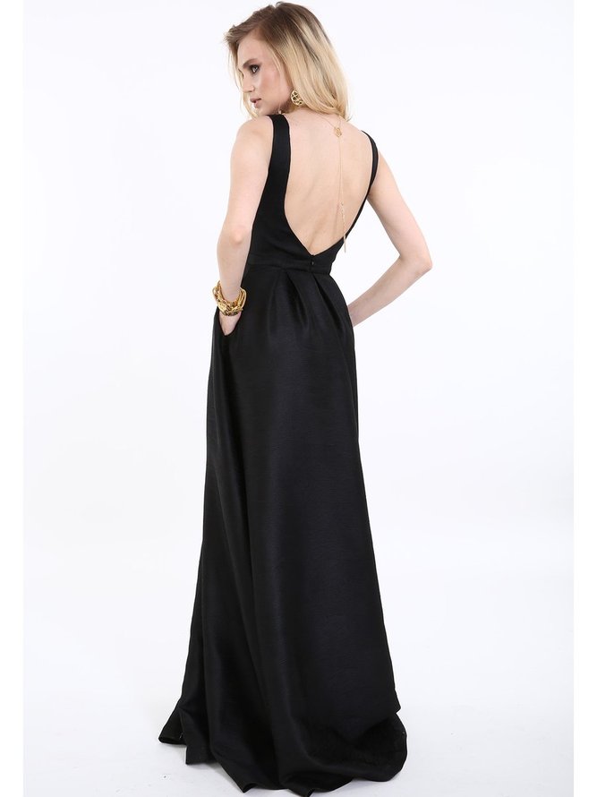 Bateau/boat neck Black A-line Party Sleeveless Elegant  Plain Maxi Dress