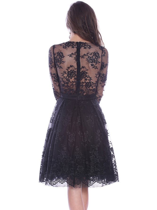 Black Floral Lace Long Sleeve Midi Dress