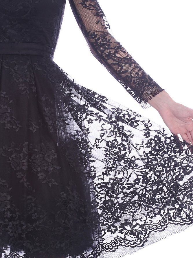 Black Floral Lace Long Sleeve Midi Dress