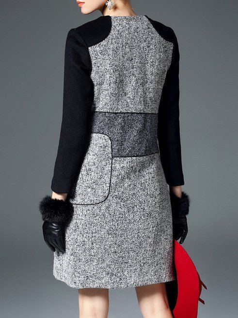 Long Sleeve Sweet H-line Color-block Wool Blend Coat