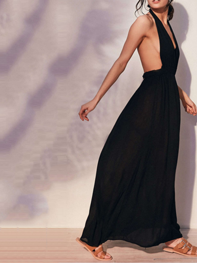 Black Sleeveless Polyester Halter Dress