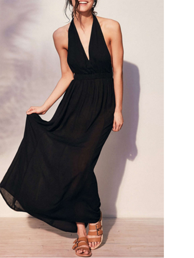 Black Sleeveless Polyester Halter Dress