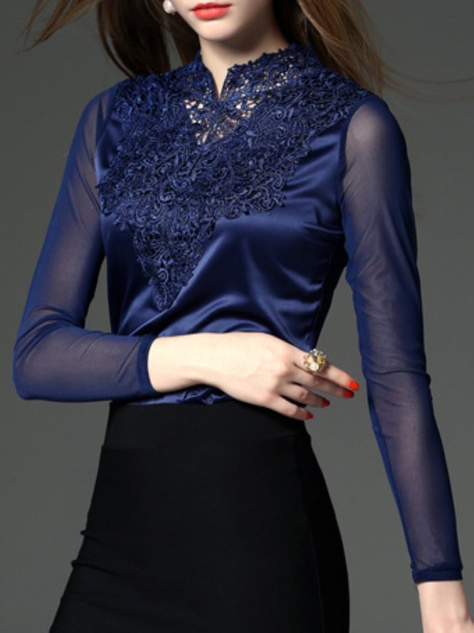 Royal Blue Plain Embroidered Work Long Sleeved Top