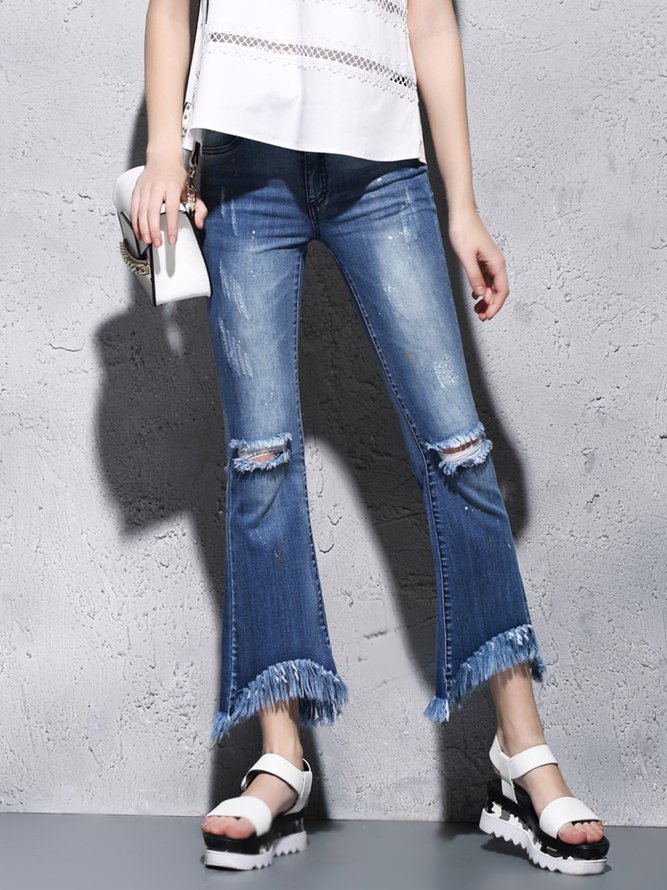 Blue Fringed Casual Cotton Flared Pants
